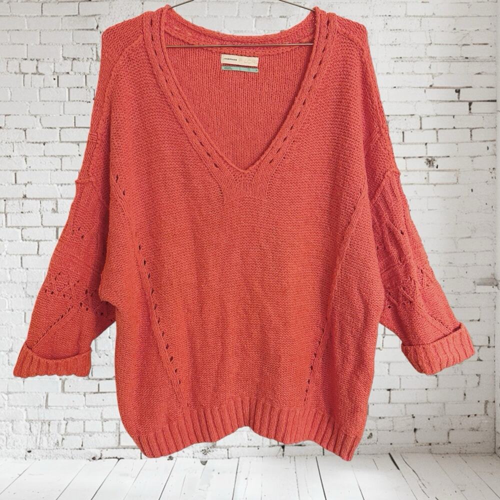 Anthropologie Pilcro Oversized Cable Sweater Womens 3X Coral Chunky Knit V Neck
